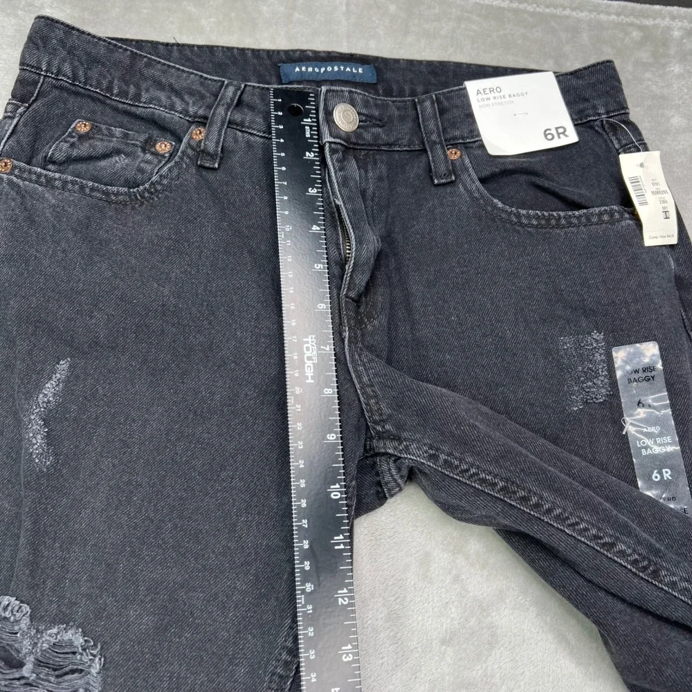 Aeropostale Low Rise Baggy Jeans Women 6R Black Distressed Ripped Denim Wide Leg